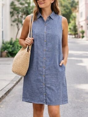 Tahari 100% Linen Sleeveless Shirt Dress Blue Pockets M Coastal Normcore